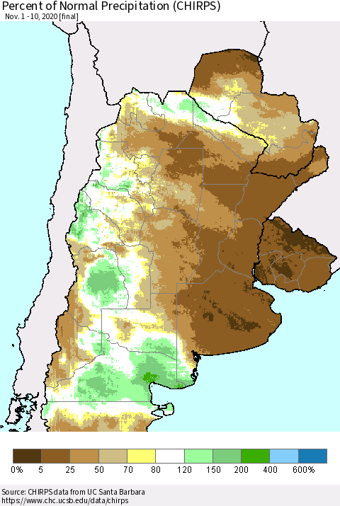 Southern South America Percent of Normal Precipitation (CHIRPS) Thematic Map For 11/1/2020 - 11/10/2020