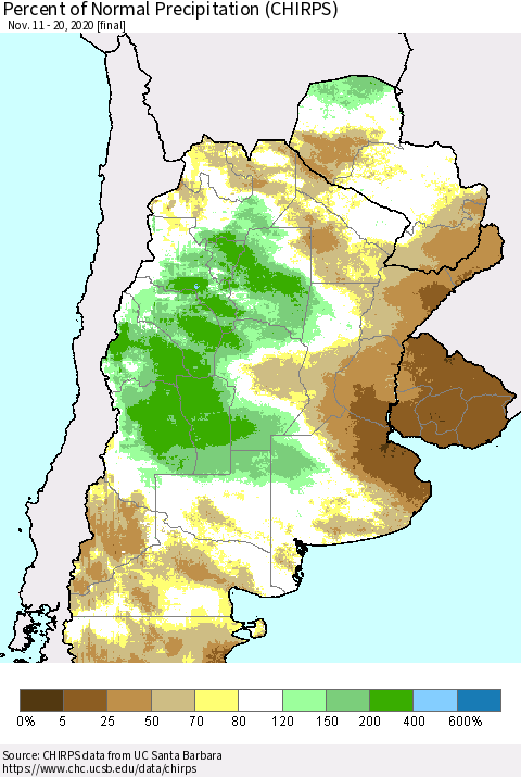 Southern South America Percent of Normal Precipitation (CHIRPS) Thematic Map For 11/11/2020 - 11/20/2020