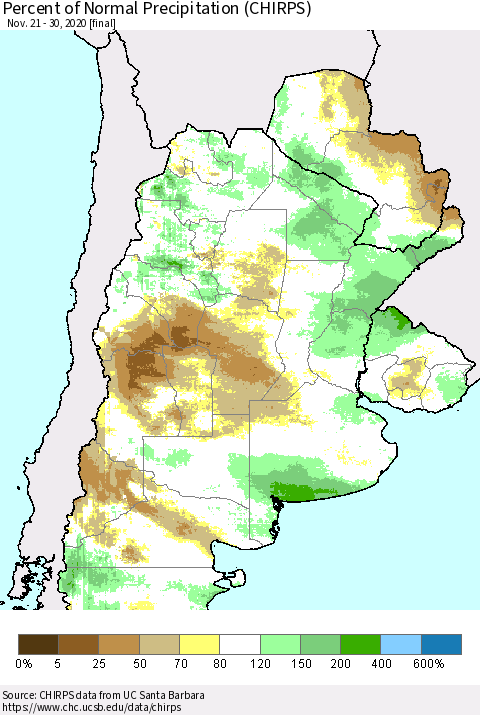 Southern South America Percent of Normal Precipitation (CHIRPS) Thematic Map For 11/21/2020 - 11/30/2020