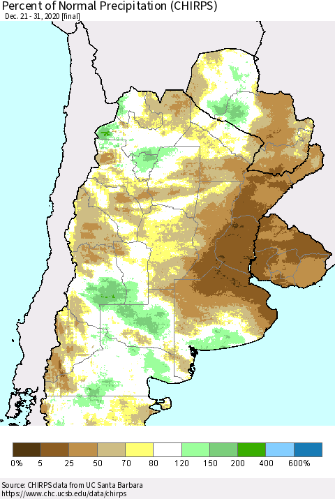 Southern South America Percent of Normal Precipitation (CHIRPS) Thematic Map For 12/21/2020 - 12/31/2020