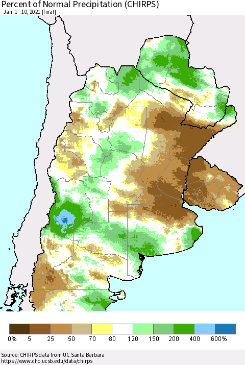 Southern South America Percent of Normal Precipitation (CHIRPS) Thematic Map For 1/1/2021 - 1/10/2021