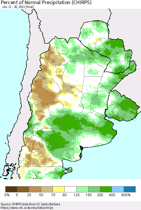 Southern South America Percent of Normal Precipitation (CHIRPS) Thematic Map For 1/11/2021 - 1/20/2021
