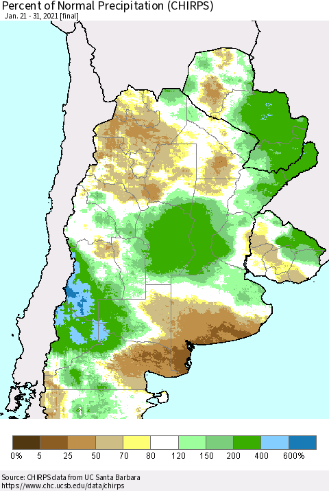 Southern South America Percent of Normal Precipitation (CHIRPS) Thematic Map For 1/21/2021 - 1/31/2021