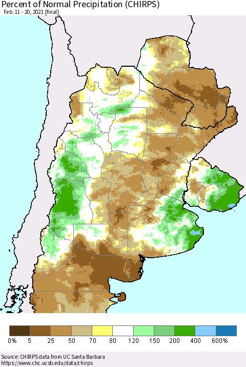 Southern South America Percent of Normal Precipitation (CHIRPS) Thematic Map For 2/11/2021 - 2/20/2021
