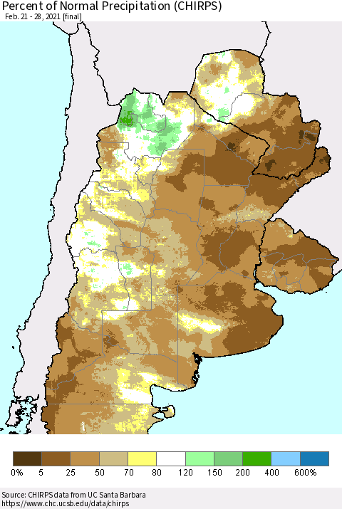 Southern South America Percent of Normal Precipitation (CHIRPS) Thematic Map For 2/21/2021 - 2/28/2021