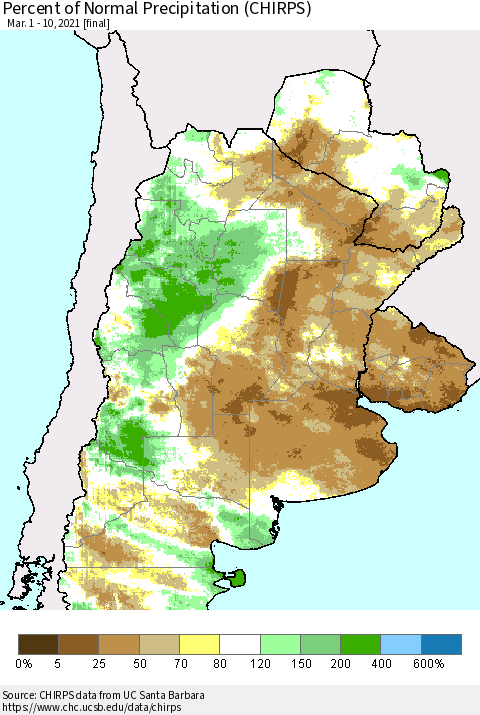 Southern South America Percent of Normal Precipitation (CHIRPS) Thematic Map For 3/1/2021 - 3/10/2021