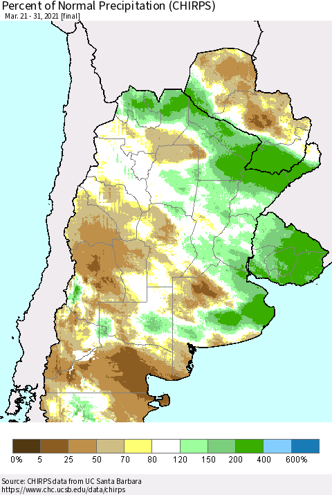 Southern South America Percent of Normal Precipitation (CHIRPS) Thematic Map For 3/21/2021 - 3/31/2021