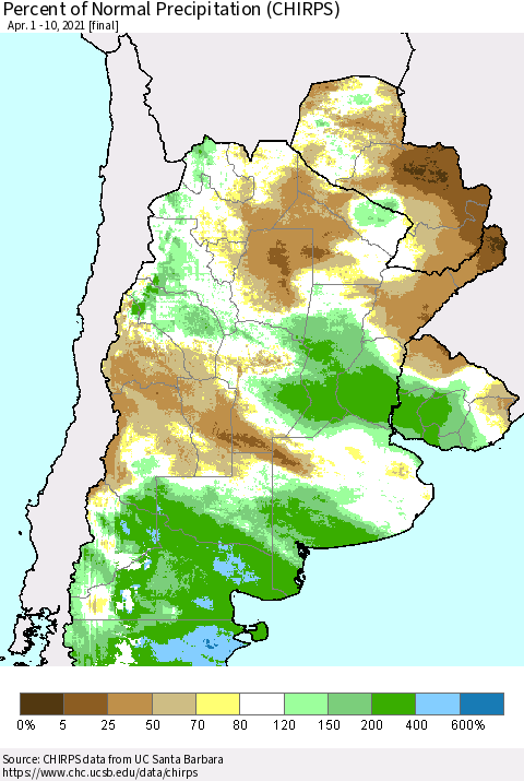 Southern South America Percent of Normal Precipitation (CHIRPS) Thematic Map For 4/1/2021 - 4/10/2021