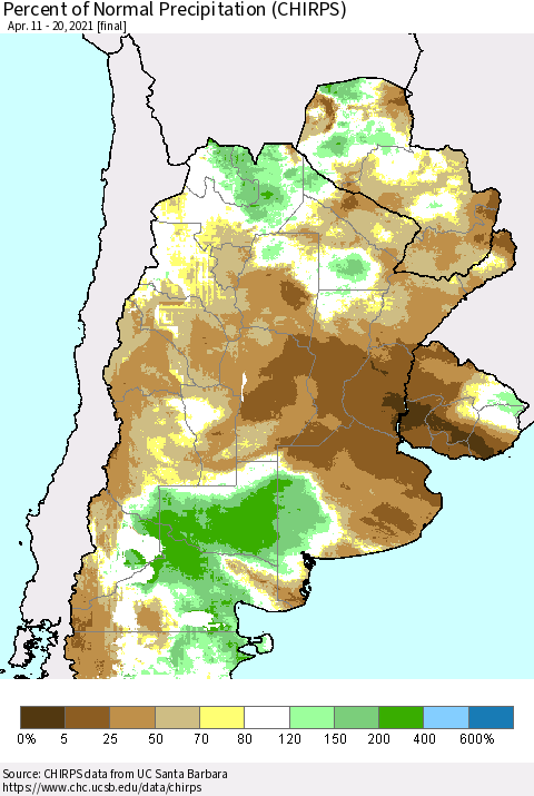 Southern South America Percent of Normal Precipitation (CHIRPS) Thematic Map For 4/11/2021 - 4/20/2021
