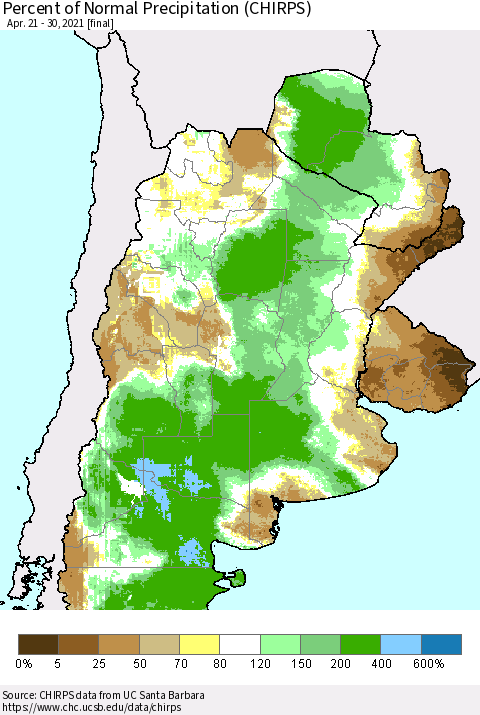 Southern South America Percent of Normal Precipitation (CHIRPS) Thematic Map For 4/21/2021 - 4/30/2021