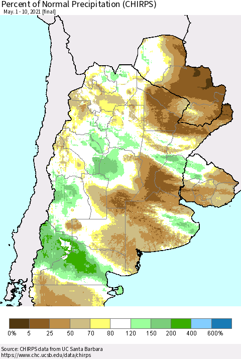Southern South America Percent of Normal Precipitation (CHIRPS) Thematic Map For 5/1/2021 - 5/10/2021
