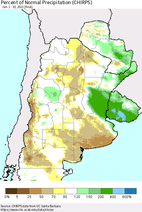 Southern South America Percent of Normal Precipitation (CHIRPS) Thematic Map For 6/1/2021 - 6/10/2021