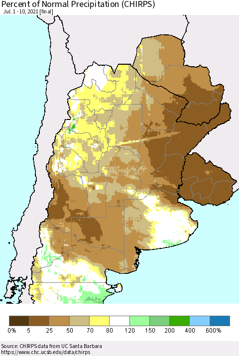 Southern South America Percent of Normal Precipitation (CHIRPS) Thematic Map For 7/1/2021 - 7/10/2021