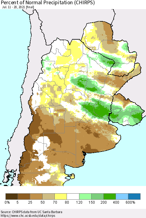 Southern South America Percent of Normal Precipitation (CHIRPS) Thematic Map For 7/11/2021 - 7/20/2021