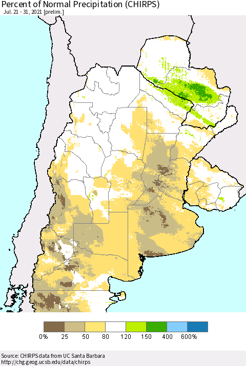 Southern South America Percent of Normal Precipitation (CHIRPS) Thematic Map For 7/21/2021 - 7/31/2021