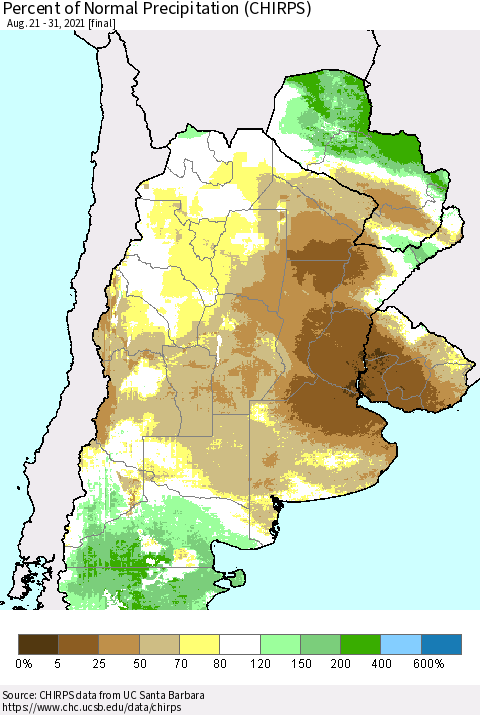 Southern South America Percent of Normal Precipitation (CHIRPS) Thematic Map For 8/21/2021 - 8/31/2021