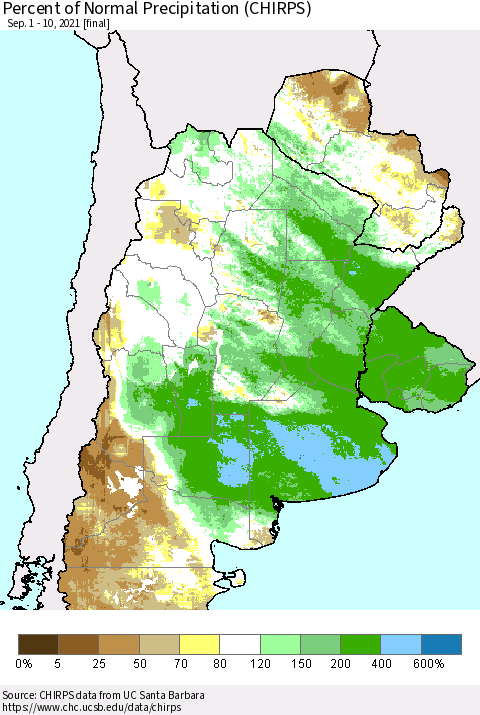 Southern South America Percent of Normal Precipitation (CHIRPS) Thematic Map For 9/1/2021 - 9/10/2021