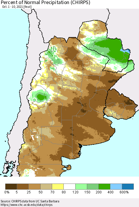 Southern South America Percent of Normal Precipitation (CHIRPS) Thematic Map For 10/1/2021 - 10/10/2021