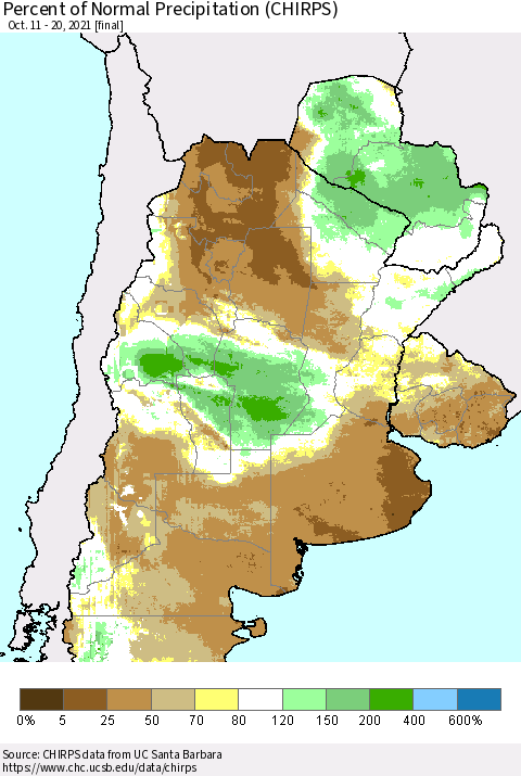 Southern South America Percent of Normal Precipitation (CHIRPS) Thematic Map For 10/11/2021 - 10/20/2021