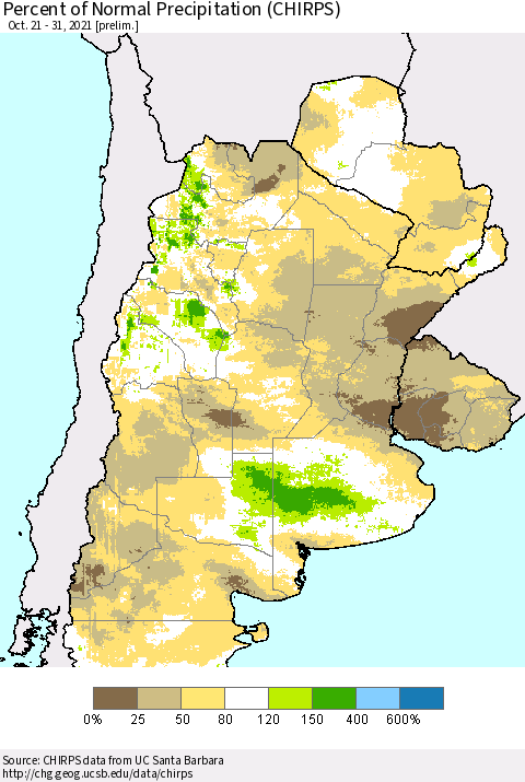 Southern South America Percent of Normal Precipitation (CHIRPS) Thematic Map For 10/21/2021 - 10/31/2021