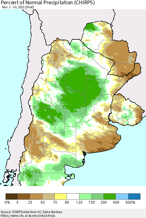 Southern South America Percent of Normal Precipitation (CHIRPS) Thematic Map For 11/1/2021 - 11/10/2021