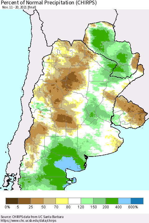 Southern South America Percent of Normal Precipitation (CHIRPS) Thematic Map For 11/11/2021 - 11/20/2021
