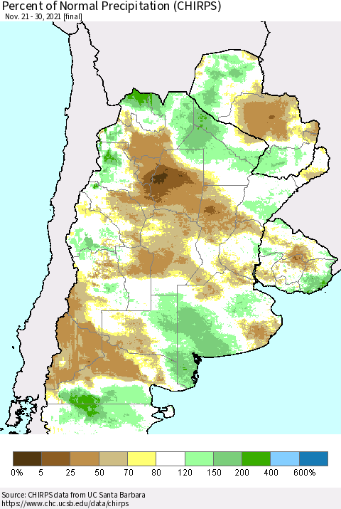 Southern South America Percent of Normal Precipitation (CHIRPS) Thematic Map For 11/21/2021 - 11/30/2021
