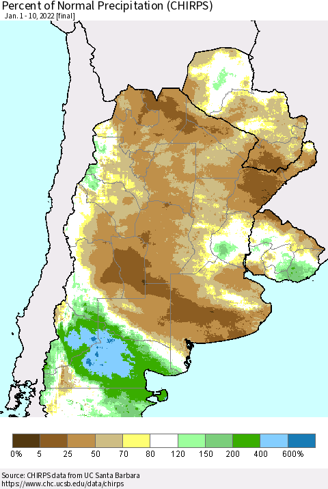 Southern South America Percent of Normal Precipitation (CHIRPS) Thematic Map For 1/1/2022 - 1/10/2022