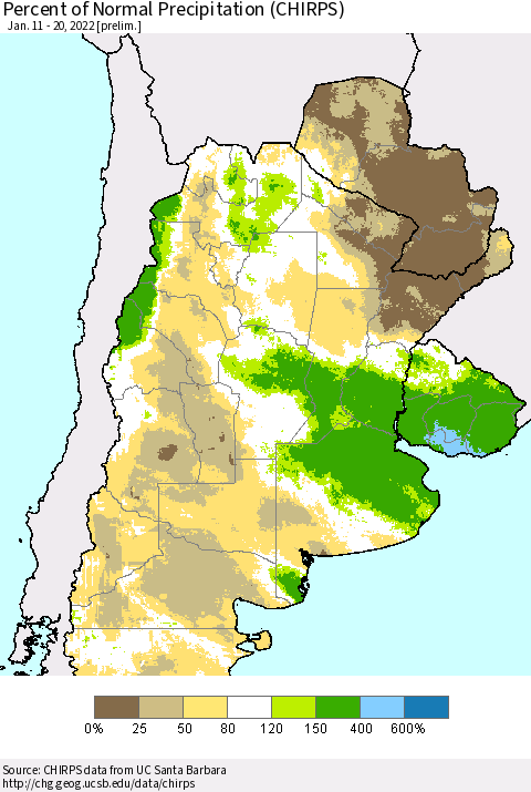 Southern South America Percent of Normal Precipitation (CHIRPS) Thematic Map For 1/11/2022 - 1/20/2022