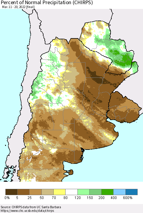 Southern South America Percent of Normal Precipitation (CHIRPS) Thematic Map For 3/11/2022 - 3/20/2022