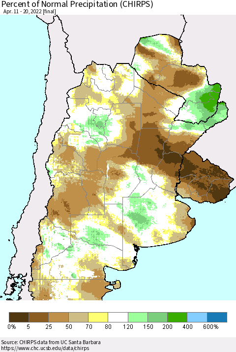 Southern South America Percent of Normal Precipitation (CHIRPS) Thematic Map For 4/11/2022 - 4/20/2022