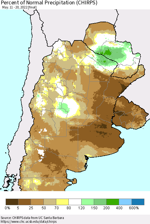 Southern South America Percent of Normal Precipitation (CHIRPS) Thematic Map For 5/11/2022 - 5/20/2022