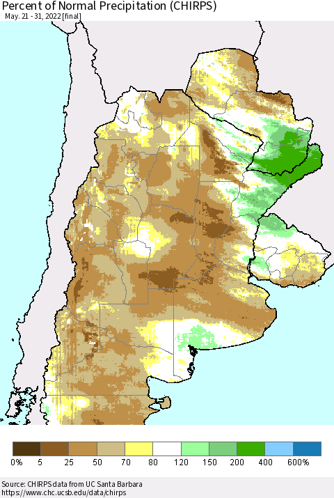 Southern South America Percent of Normal Precipitation (CHIRPS) Thematic Map For 5/21/2022 - 5/31/2022