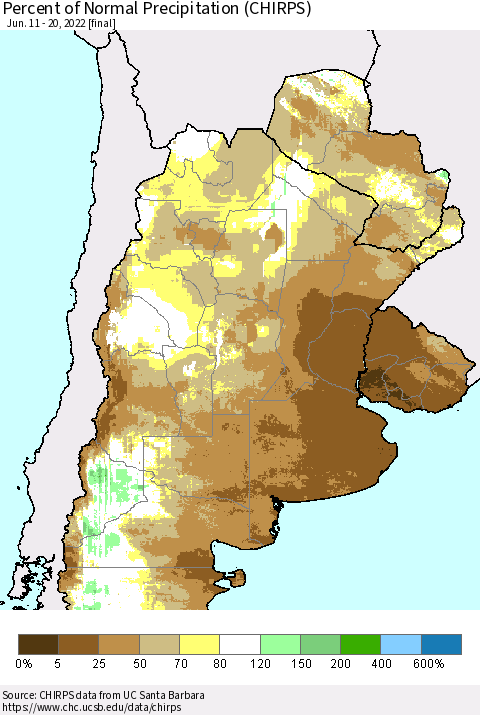 Southern South America Percent of Normal Precipitation (CHIRPS) Thematic Map For 6/11/2022 - 6/20/2022