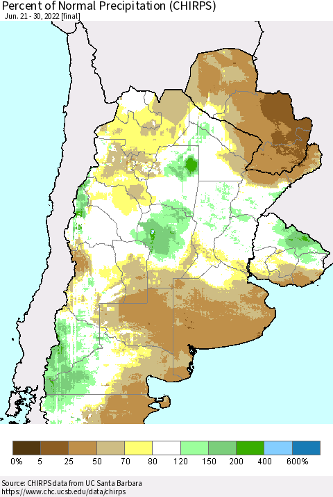 Southern South America Percent of Normal Precipitation (CHIRPS) Thematic Map For 6/21/2022 - 6/30/2022