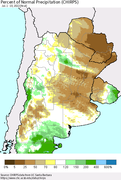 Southern South America Percent of Normal Precipitation (CHIRPS) Thematic Map For 7/1/2022 - 7/10/2022
