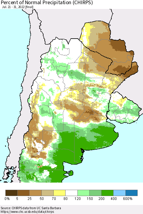 Southern South America Percent of Normal Precipitation (CHIRPS) Thematic Map For 7/21/2022 - 7/31/2022