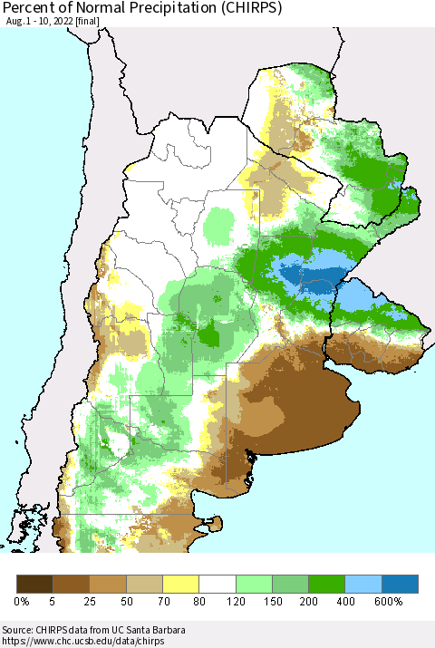 Southern South America Percent of Normal Precipitation (CHIRPS) Thematic Map For 8/1/2022 - 8/10/2022