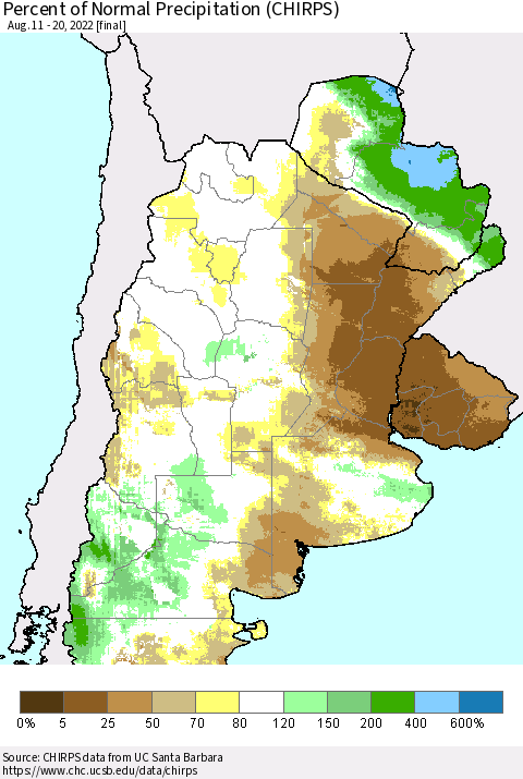 Southern South America Percent of Normal Precipitation (CHIRPS) Thematic Map For 8/11/2022 - 8/20/2022