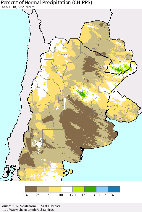 Southern South America Percent of Normal Precipitation (CHIRPS) Thematic Map For 9/1/2022 - 9/10/2022