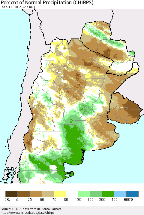 Southern South America Percent of Normal Precipitation (CHIRPS) Thematic Map For 9/11/2022 - 9/20/2022