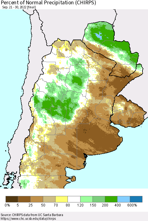 Southern South America Percent of Normal Precipitation (CHIRPS) Thematic Map For 9/21/2022 - 9/30/2022