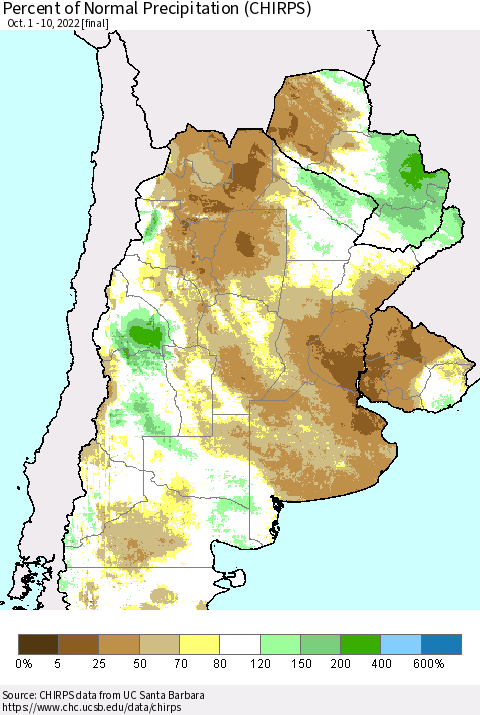 Southern South America Percent of Normal Precipitation (CHIRPS) Thematic Map For 10/1/2022 - 10/10/2022