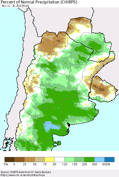 Southern South America Percent of Normal Precipitation (CHIRPS) Thematic Map For 11/11/2022 - 11/20/2022