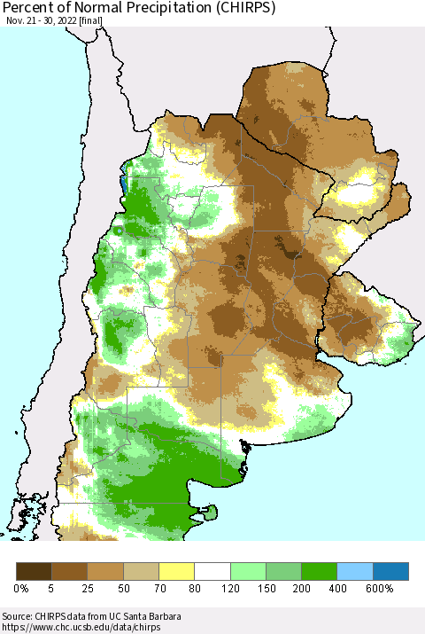 Southern South America Percent of Normal Precipitation (CHIRPS) Thematic Map For 11/21/2022 - 11/30/2022