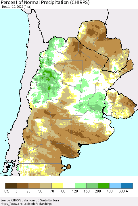 Southern South America Percent of Normal Precipitation (CHIRPS) Thematic Map For 12/1/2022 - 12/10/2022
