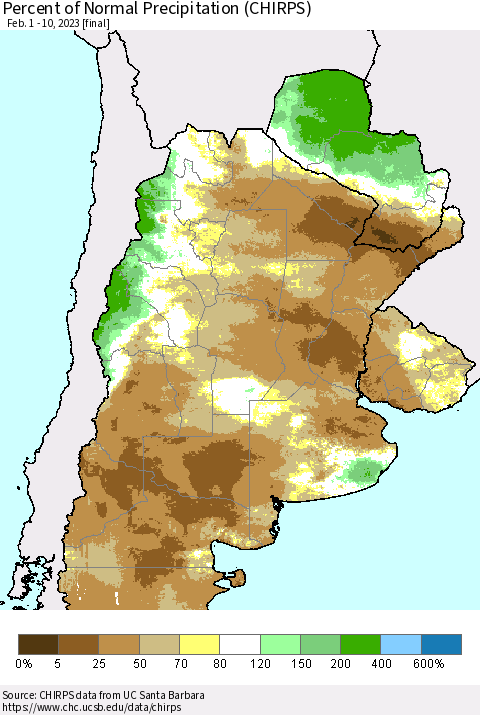 Southern South America Percent of Normal Precipitation (CHIRPS) Thematic Map For 2/1/2023 - 2/10/2023