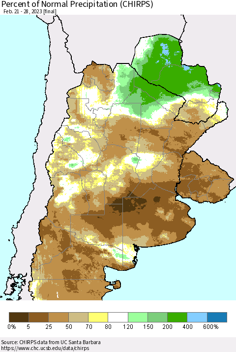 Southern South America Percent of Normal Precipitation (CHIRPS) Thematic Map For 2/21/2023 - 2/28/2023