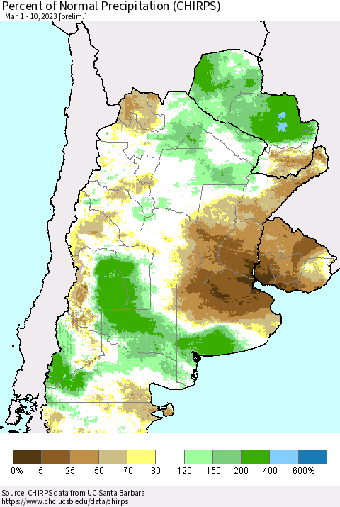 Southern South America Percent of Normal Precipitation (CHIRPS) Thematic Map For 3/1/2023 - 3/10/2023