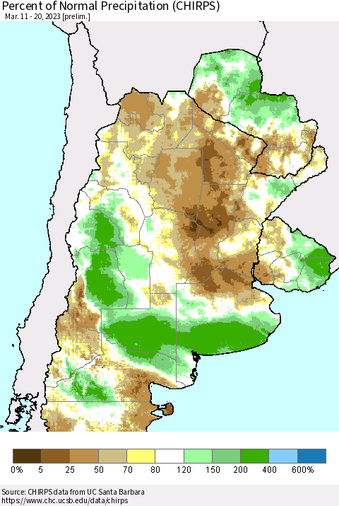 Southern South America Percent of Normal Precipitation (CHIRPS) Thematic Map For 3/11/2023 - 3/20/2023